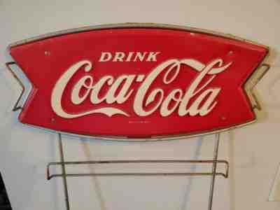 Original Coca Cola Fishtail Rack Sign Single Sided Embossed Plastic on Rack