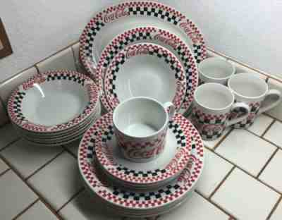 1996 Coca-Cola Gibson Dinnerware Service For 4, 3pcs Hostess, 2xtra, 21 Pc Total