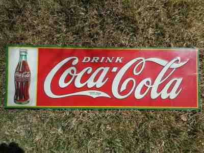Old Vintage 1933 Drink Coca-Cola with bottle embossed painted sign 35x11 coke