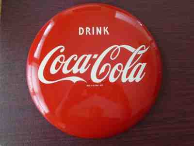 VINTAGE COCA COLA ENAMEL BUTTON SIGN - A-M 8-52 - NM- CONDITION 12" DIAMETER