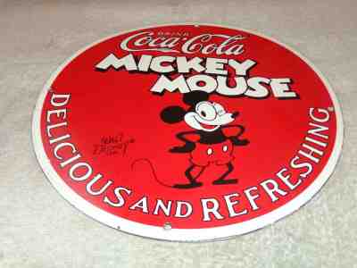 VINTAGE 1928 "MICKEY MOUSE COCA COLA" 11 3/4" PORCELAIN METAL GASOLINE OIL SIGN!