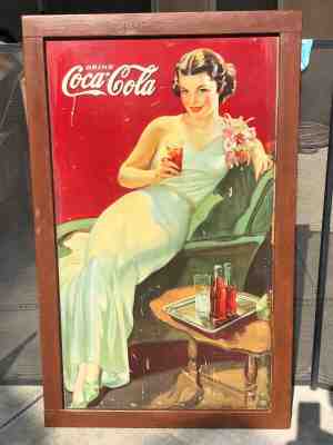 RARE.  1930'S COCA COLA LARGE CARDBOARD   ELEGANT WOMEN ON CHAIR  GLASS