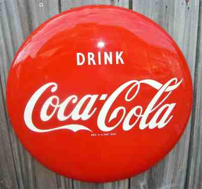 VTG.1952 COCA-COLA SODA 16" BUTTON SIGN DEAD MINT W/1 BRACKET FOR A PILASTER 