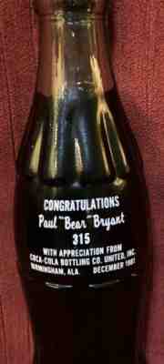 Coca Cola Presentation Bottle 1981 Paul “Bear” Bryant 315 Congratulations