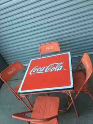 Coca Cola, Vintage Metal Folding Table & 4 chairs Embossed Lettering Coke