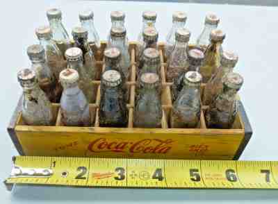 Vintage 1940's? Coca Cola Coke Miniature 24 Glass Bottles, Caps, Wood Case-6"x4"