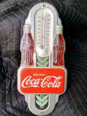 Original 1941 Silver Drink Coca Cola 16'' Soda Thermometer Twin Bottle Sign rare