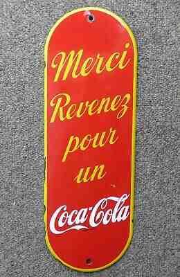 Nice 1950’s French Canadian COKE porcelain door palm push plate sign FREE SHIP!