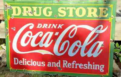 RARE Double Sided COCA COLA DRUG STORE Porcelain Sign 60” L X 42” T 1934 USA 
