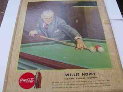 RARE 1947 VINTAGE COCA COLA SPORTS BILLIARD POOL SIGN ~ WILLIE HOPPE ~ HANGER