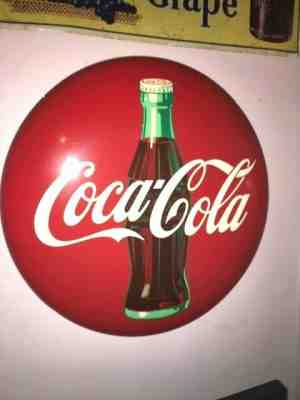 RARE! ORIG. 1950'S TWO FOOT COCA COLA TIN BUTTON SIGN!   NEAR MINT!  