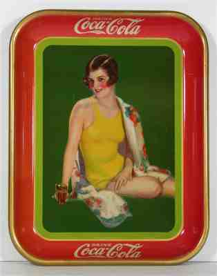 1929 COCA-COLA TIN LITHOGRAPH ADVERTISING TRAY GIRL IN YELLOW BATHING SUIT COKE