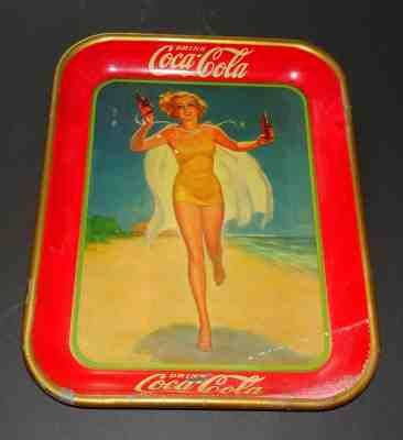 Original 1937 Coca-Cola Serving Tray Made in USA Girl Bathing Suit Beach Coke 
