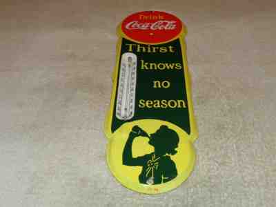 VINTAGE "DRINK COCA COLA" SODA POP 18" PORCELAIN METAL GAS OIL THERMOMETER SIGN!
