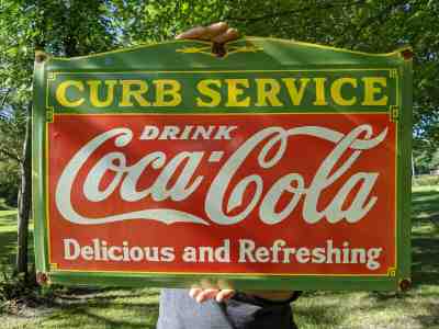 OLD USED LARGE 1950'S VINTAGE COCA-COLA PORCELAIN GAS STATION SIGN SODA BEVERAGE