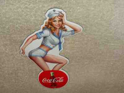VINTAGE COCA COLA SCOOTER PIN UP MODEL 8" PORCELAIN METAL SODA POP GAS OIL SIGN!