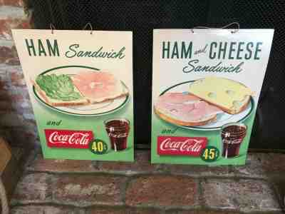 Two 1949 Ham Sandwich Coca Cola Cardboard Litho