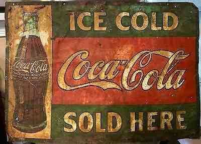 Antique COCA COLA Sign Authentic Metal Tin Embossed Tacker Sold Here  - 1920's