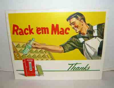 VINTAGE 1950'S COCA-COLA "RACK 'EM MAC THANKS" CARDBOARD SIGN