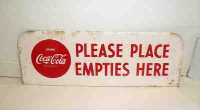 VINTAGE 1950'S COCA-COLA "PLEASE PLACE EMPTIES HERE" METAL RACK SIGN