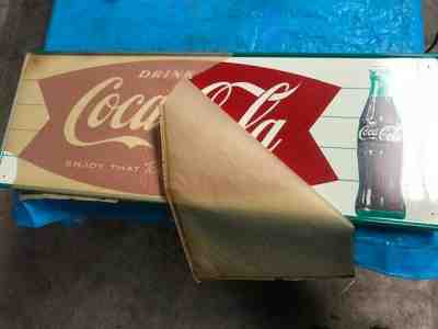 Vintage Coca Cola Fishtail Metal Sign - Removed from Original Shipping Paper 