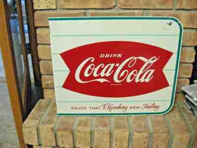 Original 1963 Coca-Cola Fishtail Double-Sided Flange Metal Sign Coke 18”x15”
