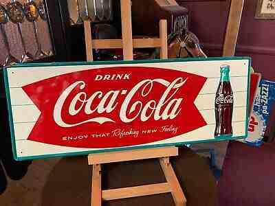 Vintage 31" COKE Coca-Cola Fishtail Tin Advertising Sign "Watch Video" 