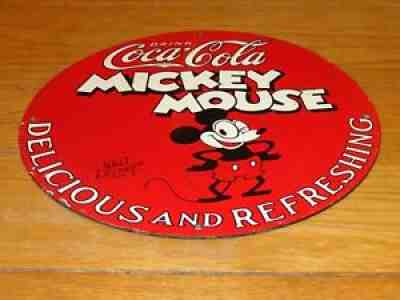 VINTAGE 1928 MICKEY MOUSE COCA COLA #2 11 3/4" PORCELAIN METAL GASOLINE OIL SIGN