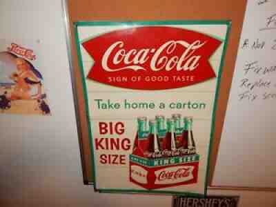 VINTAGE COCA COLA FISH TAIL METAL SIGN-BIG KING SIZE - 6 PACK TAKE HOME A CARTON