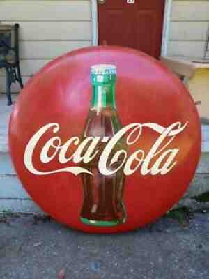 VINTAGE 1955 ADVERTISING METAL COCA COLA BUTTON SIGN 48" wmount * WILL NOW SHIP
