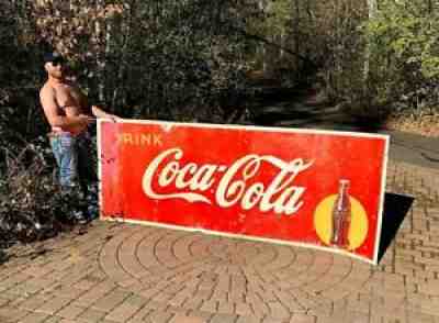 Vintage Early Metal Coca Cola Soda Pop Roll up bottle graphic Sign Coke 129X44