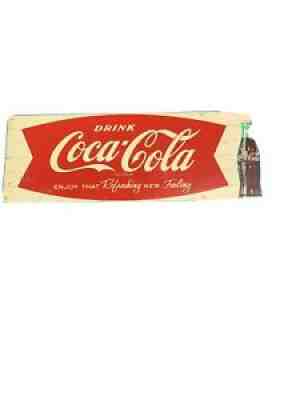 RARE 1963 COCA COLA FISHTAIL LOGO AND BOTTLE TIN SIGN 54x17.5