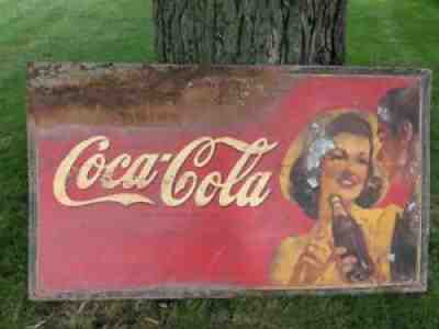 Vintage LARGE Advertising Coca Cola Tin Painted Sign 30s 40s Robertson Dualife  