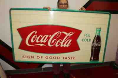 Large Vintage 1958 Coca Cola Fishtail Soda Pop Gas Station 56" Metal Sign