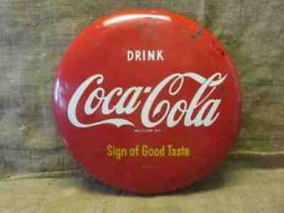Vintage 1950s Coca-Cola Button Sign > Antique Coke Beverage Soda Store RARE 9954