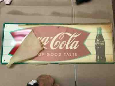 Coca Cola Fishtail Metal Sign - Removed from Original Shipping Paper - SOGT