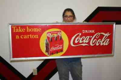 Large Vintage 1938 Coca Cola Soda Pop Gas Station 54" Embossed Metal Sign