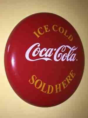 VINT ORIG 18â? COCA COLA BUTTON DISC METAL SIGN Ice Cold Coca Cola Sold Here 1968