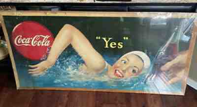1945 Coca Cola Cardboard Sign 57â? X 28â?. Swimmer Saying YES To A Coke