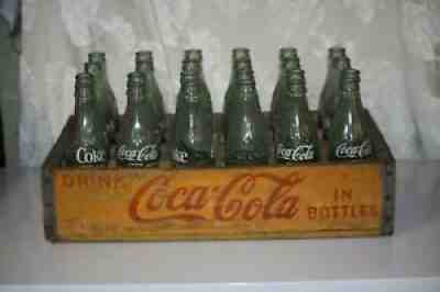 Vintage Yellow Wooden Crate Coke Coca-cola 24pk 1968 6.5oz Green Glass bottles