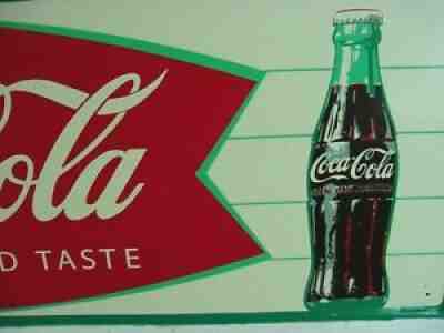 NEAR MINT 1966 Vintage COCA COLA Old Fishtail Logo & Bottle 32x12 inch tin Sign