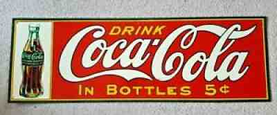 COCA COLA LARGE 3' X 1' METAL SIGN IN BOTTLES 5Â¢ 1923 CHRISTMAS BOTTLE DEPICTED