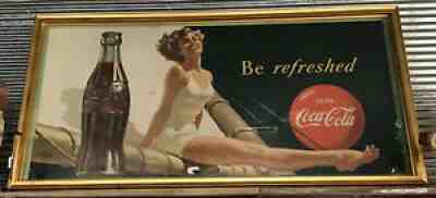 1949 Coca Cola "Be Refreshed" Pinup Girl Litho Cardboard Sign Wood Framed 60x30