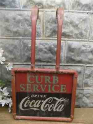 Drink Coca Cola Sign, Vintage Curb Service Ribbed Glass Sign, Metal Frame a
