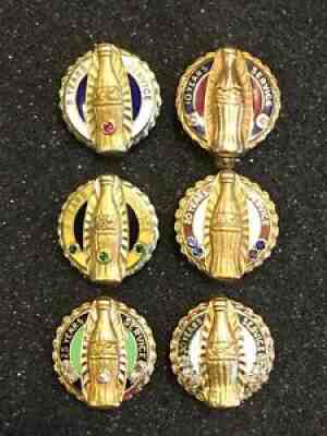 6 Coca Cola Employee Service Pin Ruby Emerald Sapphire Diamond 10k Gold 5-30 yrs