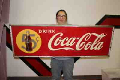 Rare Version Large Vintage 1947 Coca Cola 5c Soda Pop 54" Embossed Metal Sign