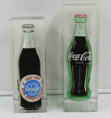 *2 Coca Cola Bottles in Lucite/Acryl Block 1983 Kroger 10oz & 1980s Contour 6Â½oz