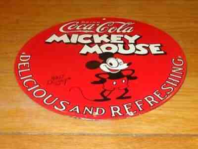 VINTAGE 1928 "MICKEY MOUSE COCA COLA" 11 3/4" PORCELAIN METAL GAS OIL SODA SIGN!