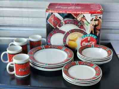 Vtg 1996 Coca-Cola Coke Gibson 15pc Set Stained Glass Dishes Mugs Plates Bowls