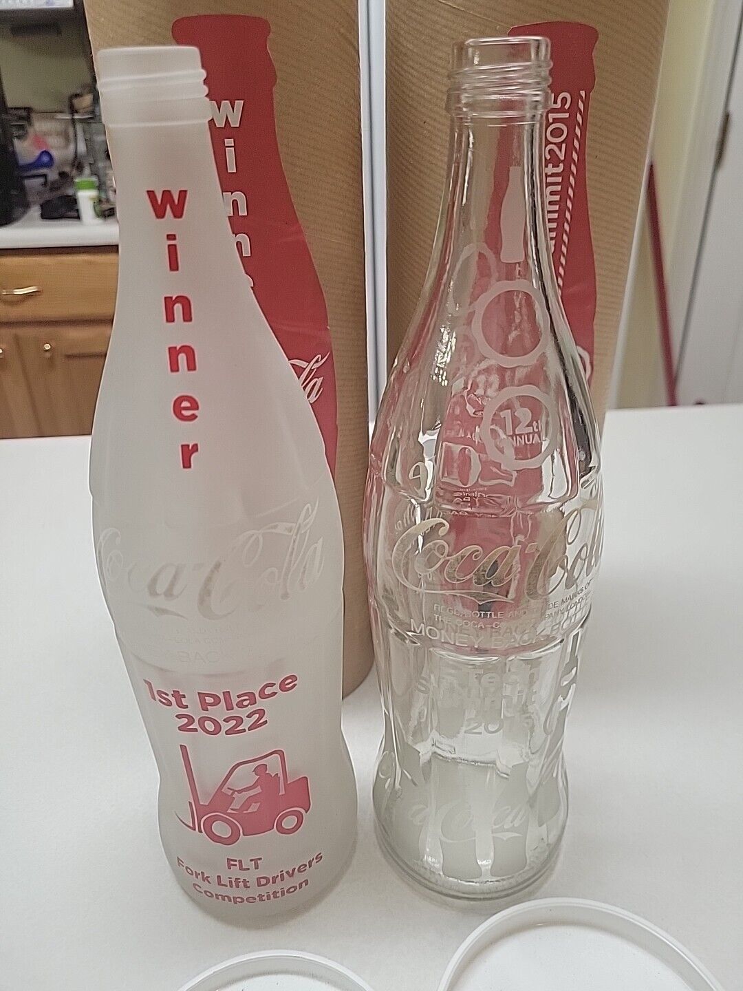 Coca Cola 32oz Size FLT Frosted 2022 1st Award And 2015 Tech Summit Clear Bottle